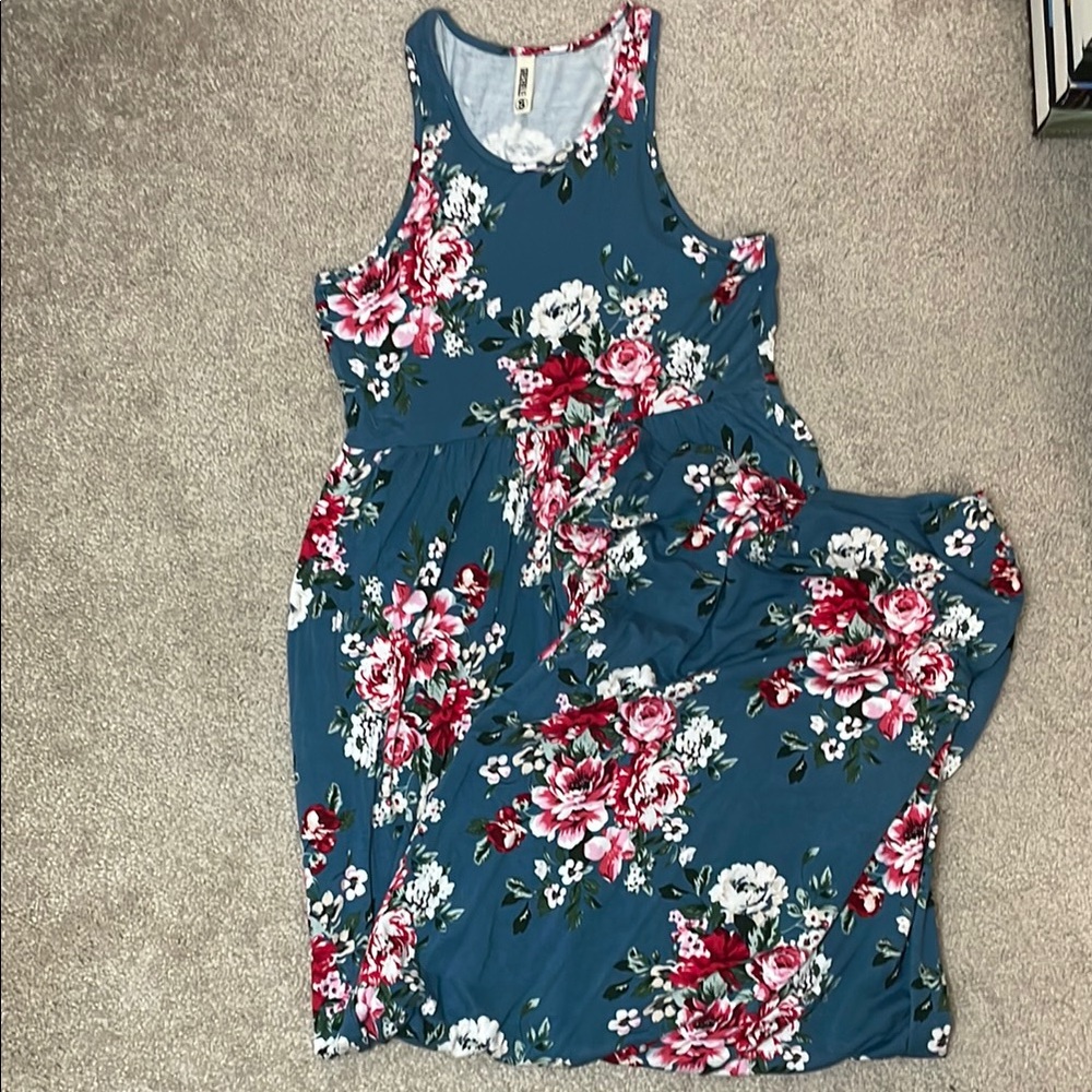 Floral Tank Maxi Dress - Blue and Pink